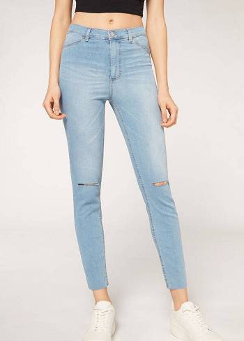 Jeans Calzedonia High-Cintura Flaco Mujer Azules | CL2603OR