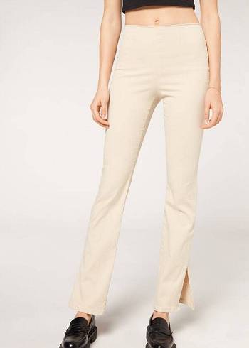 Jeans Calzedonia High-Cintura Flared in Denim with Slits Mujer Marrones Beige | CL2600SO
