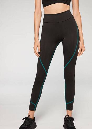 Leggins Calzedonia Contrast Seam Performance Atléticos Mujer Negras Verde | CL2636EX