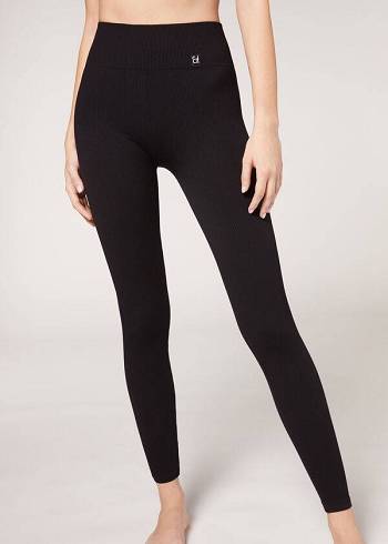 Leggins Calzedonia Fine Acanalado Seamless Deporte Mujer Negras | CL2645SO