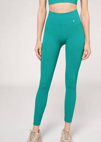 Leggins Calzedonia Fine Acanalado Seamless Deporte Mujer Turquesa | CL2646AP