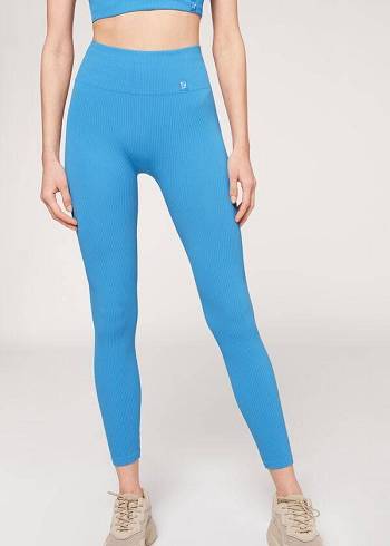 Leggins Calzedonia Fine Acanalado Seamless Deporte Mujer Azules | CL2647PQ