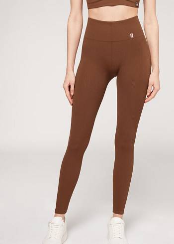 Leggins Calzedonia Fine Acanalado Seamless Deporte Mujer Marrones | CL2649IS