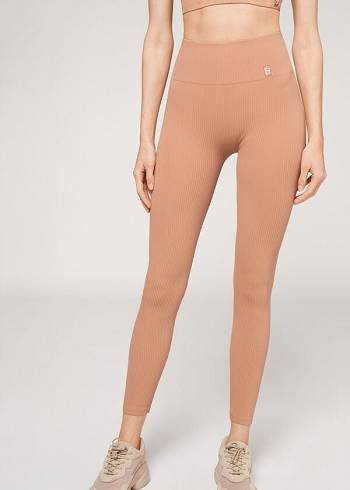 Leggins Calzedonia Fine Acanalado Seamless Deporte Mujer Beige | CL2651YU