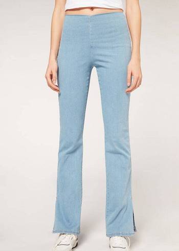 Leggins Calzedonia High-Cintura Flared in Denim with Slits Mujer Azules | CL2660VD
