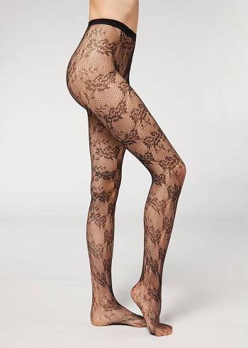 Mallas Calzedonia Floral Encaje-Motif Fishnet Patterned Mujer Negras | CL1099PQ