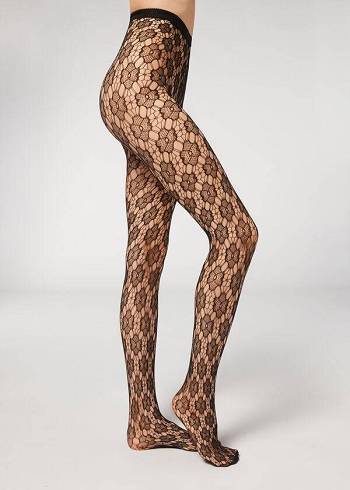 Mallas Calzedonia Floral-Motif Fishnet Patterned Mujer Negras | CL1101SO