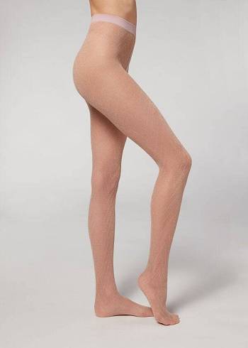 Mallas Calzedonia Glitter Chevron-Motif Micronet Mujer Rosas | CL1106JJ