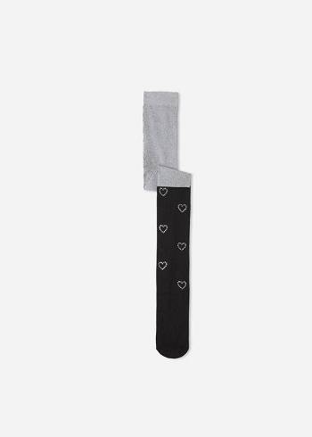 Mallas Calzedonia Longuette-Effect with Rhinestone Heart Appliqués Niños Gris Negras | CL2984PQ