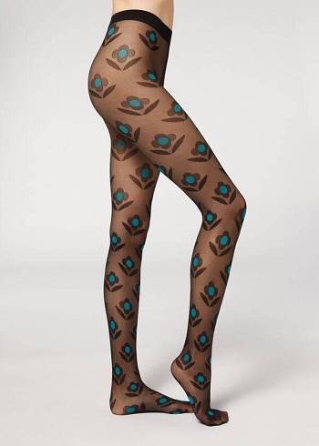 Mallas Calzedonia Macro Daisy Micronet Patterned Mujer Negras Azules | CL1113BC