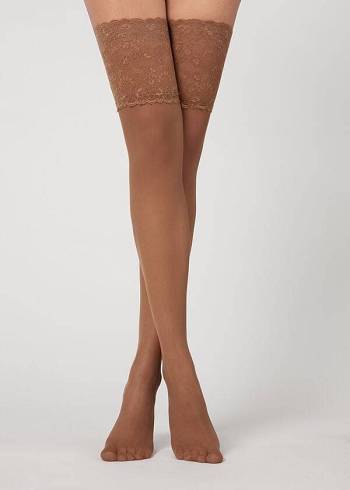 Medias Calzedonia 20 Denier Opaque Thigh-Highs Mujer Kaki | CL1239ZG