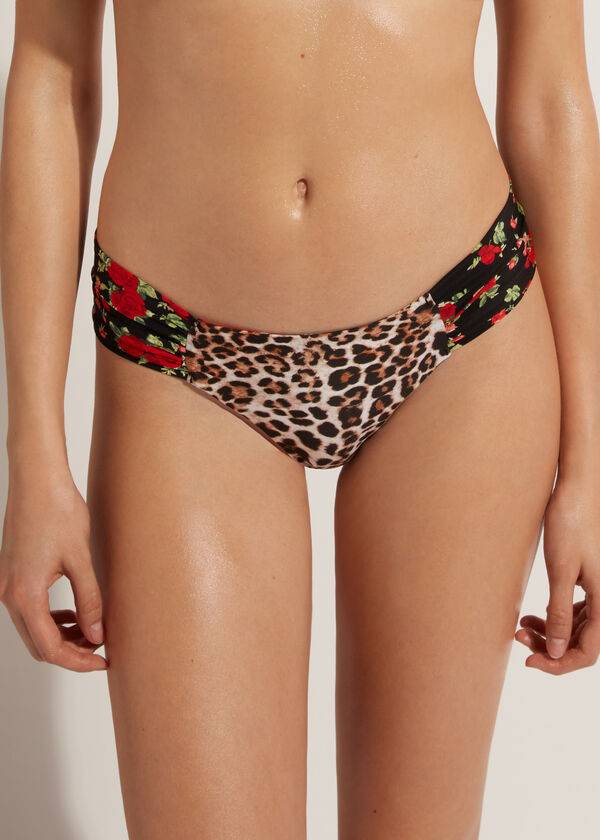 Abajo De Bikini Calzedonia Brazilian Reversible Ruched Nizza Mujer Rosas Rojas | CL1319CE
