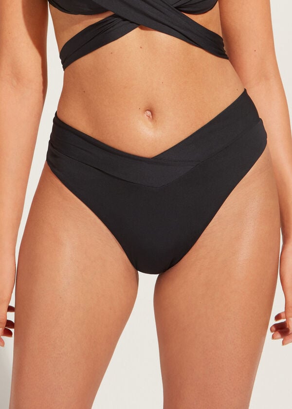 Abajo De Bikini Calzedonia High-Cintura V-Cut Brazilian Indonesia Eco Mujer Negras | CL1466DN