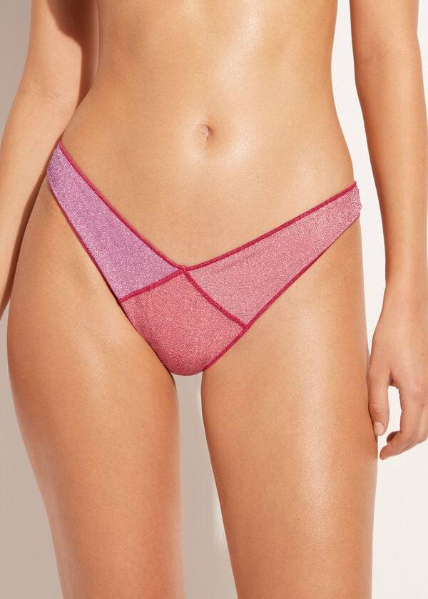 Abajo De Bikini Calzedonia High Cut Brazilian Lamé Lisbona Mujer Rosas | CL1392JJ