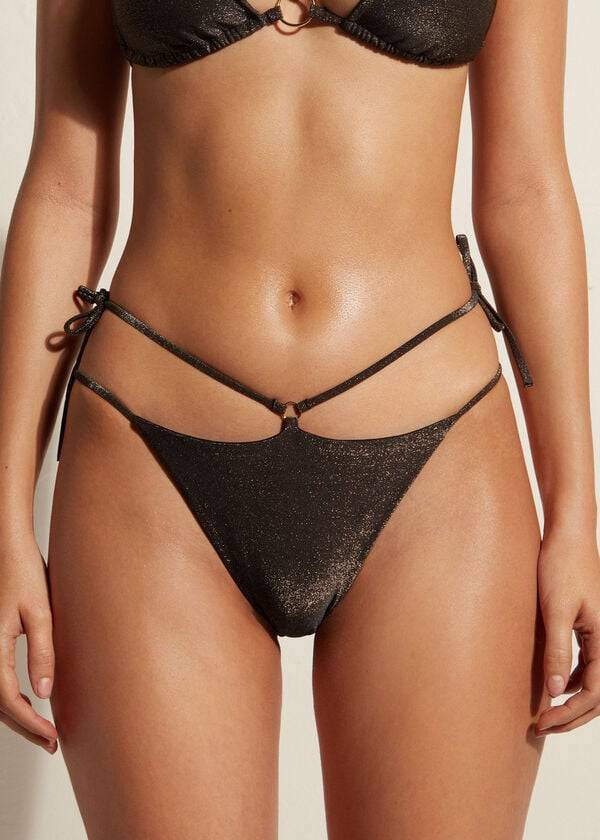 Abajo De Bikini Calzedonia Lamé Brazilian Side String Hollywood Mujer Negras | CL1485YU