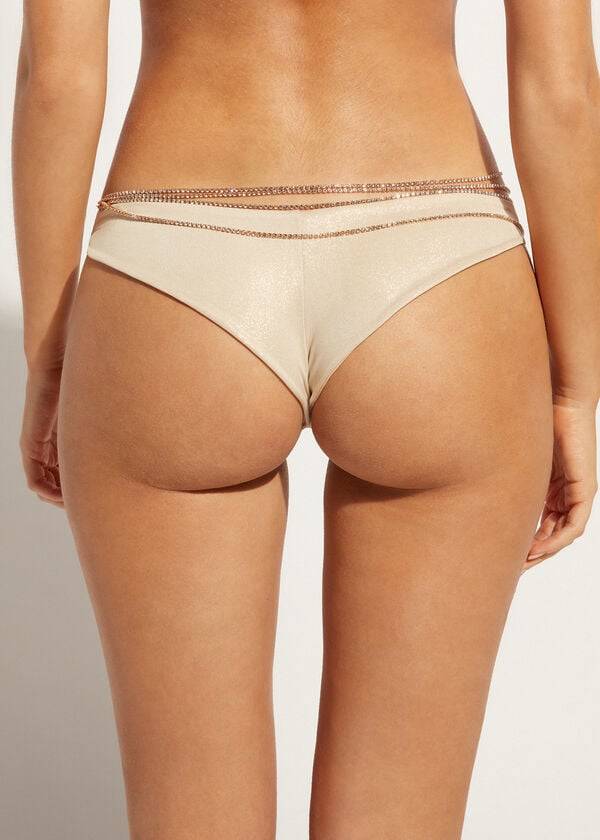 Abajo De Bikini Calzedonia Rhinestone Brazilian Luxor Mujer Doradas | CL1515PQ