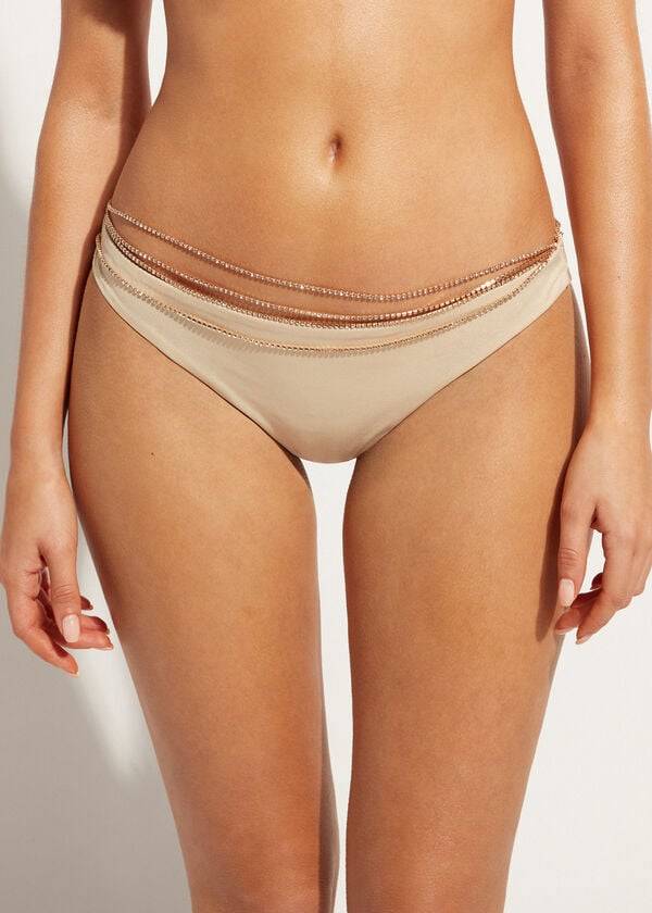 Abajo De Bikini Calzedonia Rhinestone Brazilian Luxor Mujer Doradas | CL1515PQ