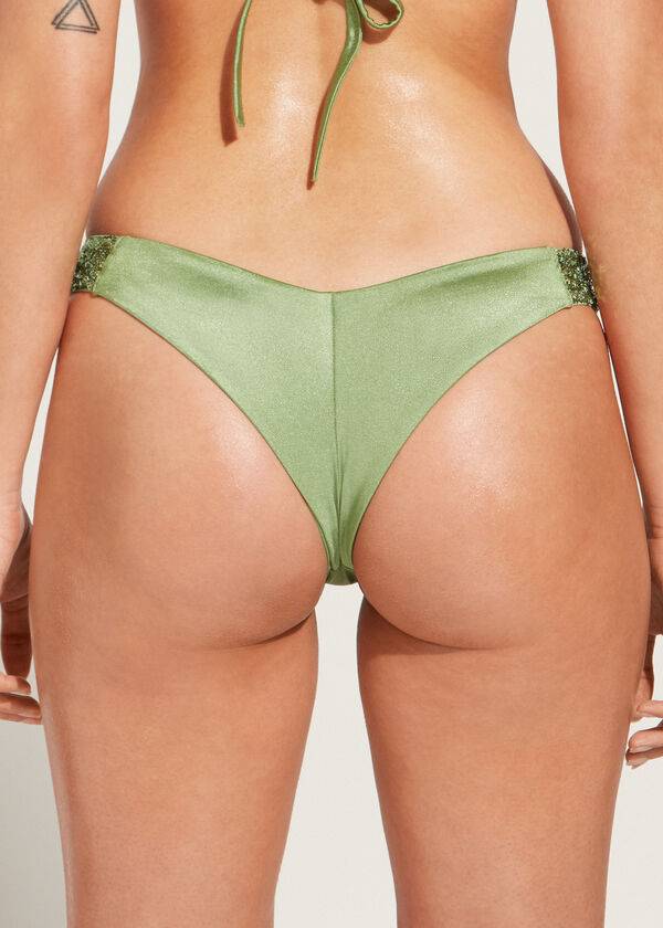 Abajo De Bikini Calzedonia Sequined High-Cut Brazilian Cannes Mujer Verde | CL1544DN