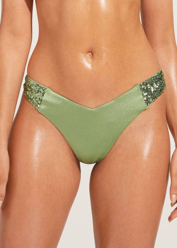 Abajo De Bikini Calzedonia Sequined High-Cut Brazilian Cannes Mujer Verde | CL1544DN