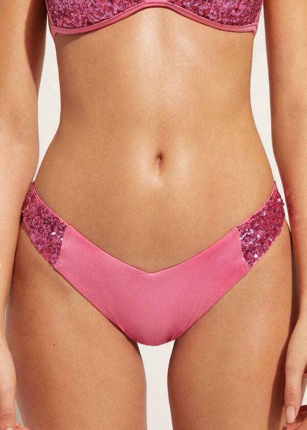 Abajo De Bikini Calzedonia Sequined High-Cut Brazilian Cannes Cheeky Mujer Rosas | CL1546GL