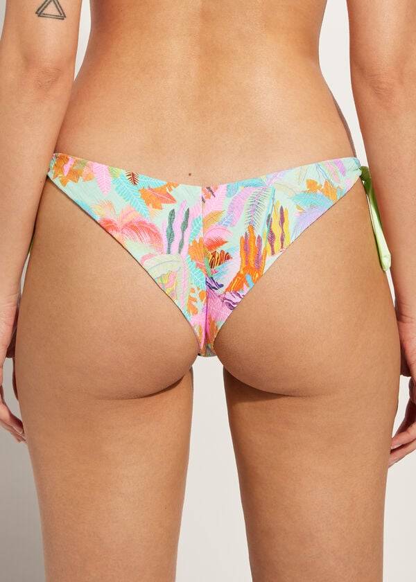 Abajo De Bikini Calzedonia Side-Tie Brazilian Foliage Tahiti Mujer Verde | CL1568AP