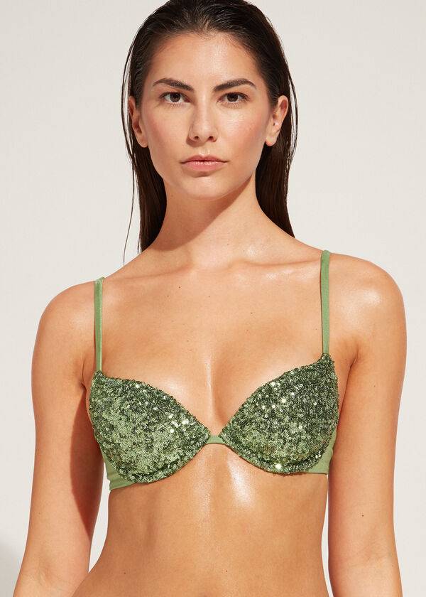 Arriba De Bikini Calzedonia Acolchado Push-Up Cannes rosa Mujer Verde | CL1842NB
