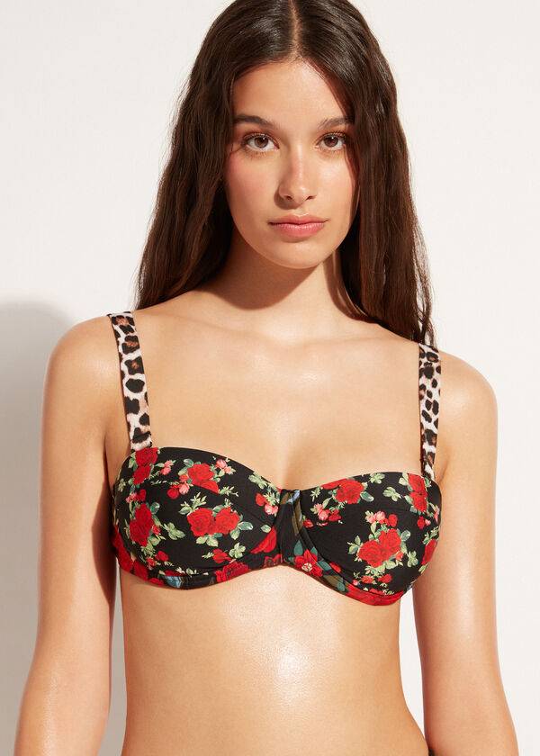 Arriba De Bikini Calzedonia Bandeau Lightly Acolchado Nizza Mujer Rosas Negras | CL1694UT