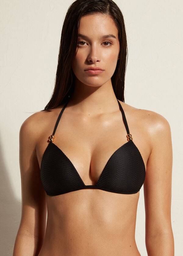 Arriba De Bikini Calzedonia Graduated Acolchado Triangle Casablanca Mujer Negras | CL1736VD