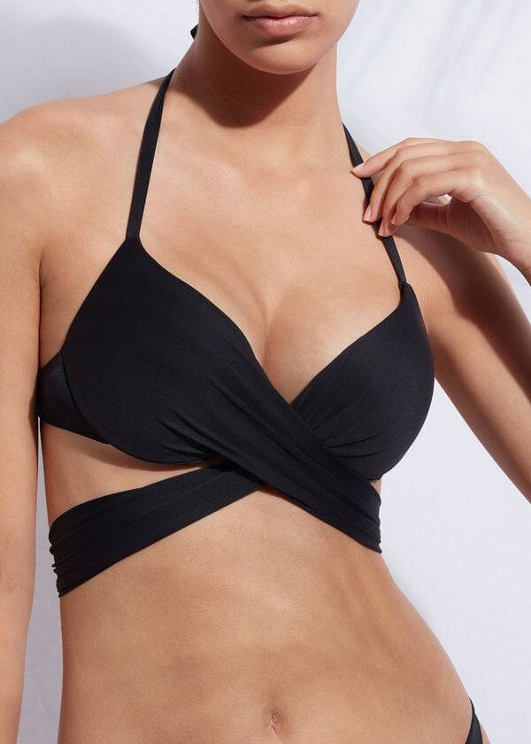 Arriba De Bikini Calzedonia Indonesia Push Up Criss-Cross Straps Mujer Negras | CL1774OR