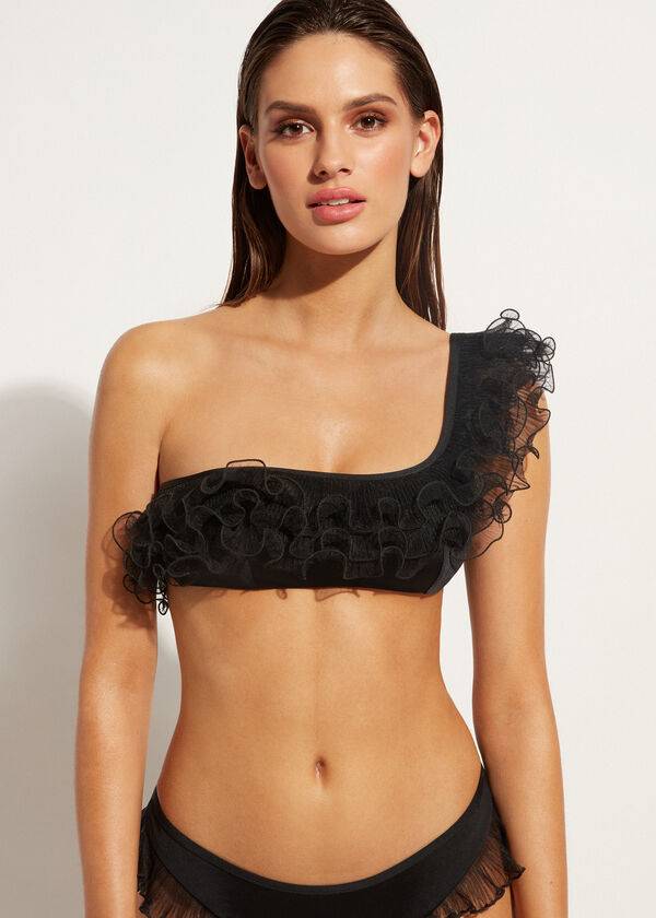Arriba De Bikini Calzedonia Lightly Acolchado Single Correa Bandeau Singapore Mujer Negras | CL1779FM