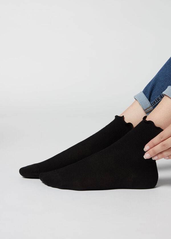 Calcetines Calzedonia Acanalado Algodon Ankle Corta Mujer Negras | CL2473OR
