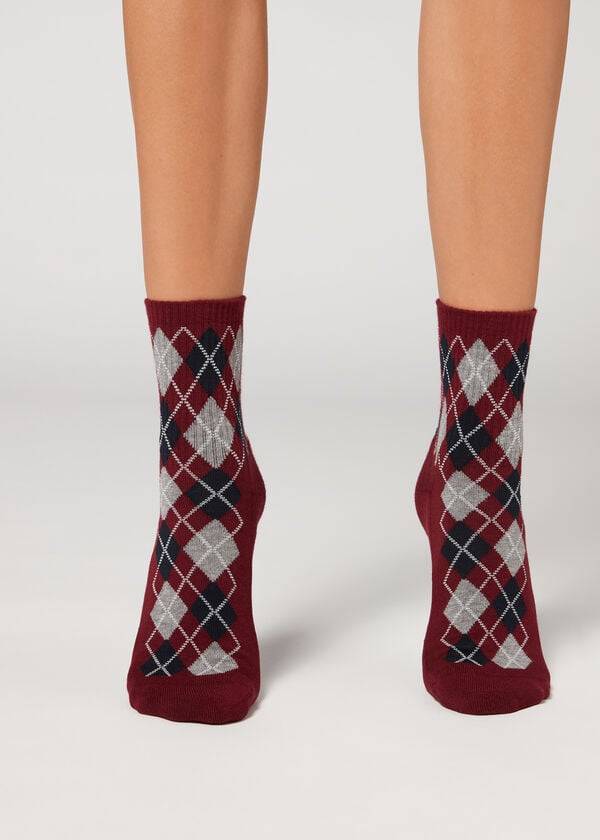 Calcetines Calzedonia Diamond Pattern Acanalado Corta Deporte Mujer Burdeos | CL2404MA
