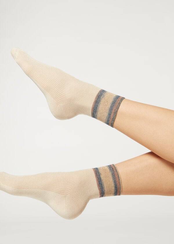 Calcetines Calzedonia Faded A Rayas Corta with Glitter Mujer Beige | CL2432BC
