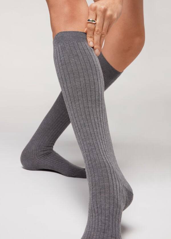 Calcetines Calzedonia Long Acanalado Cashmere Mujer Gris | CL2244AP
