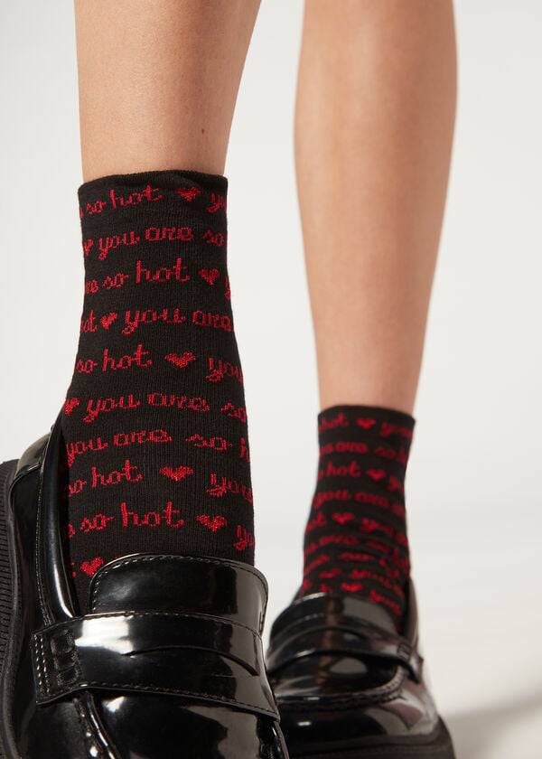 Calcetines Calzedonia Love Pattern Corta Mujer Negras | CL2447OR