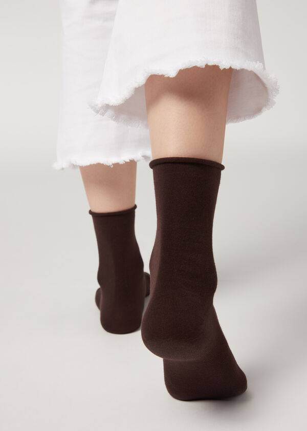 Calcetines Calzedonia Non-Elastic Algodon Ankle Corta Mujer Marrones | CL2451TV