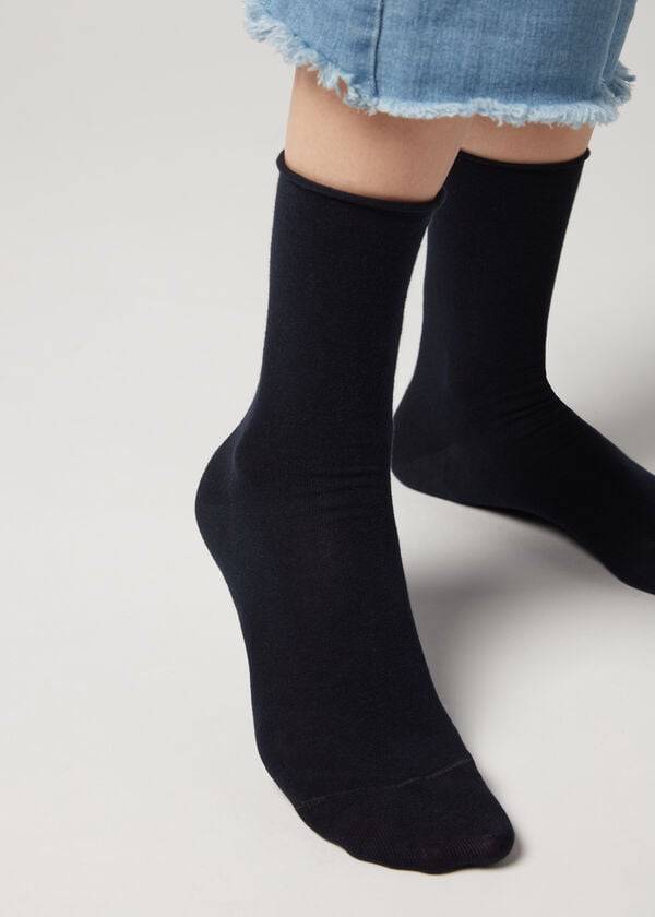 Calcetines Calzedonia Non-Elastic Algodon Ankle Corta Mujer Azul Marino Azules | CL2454WY