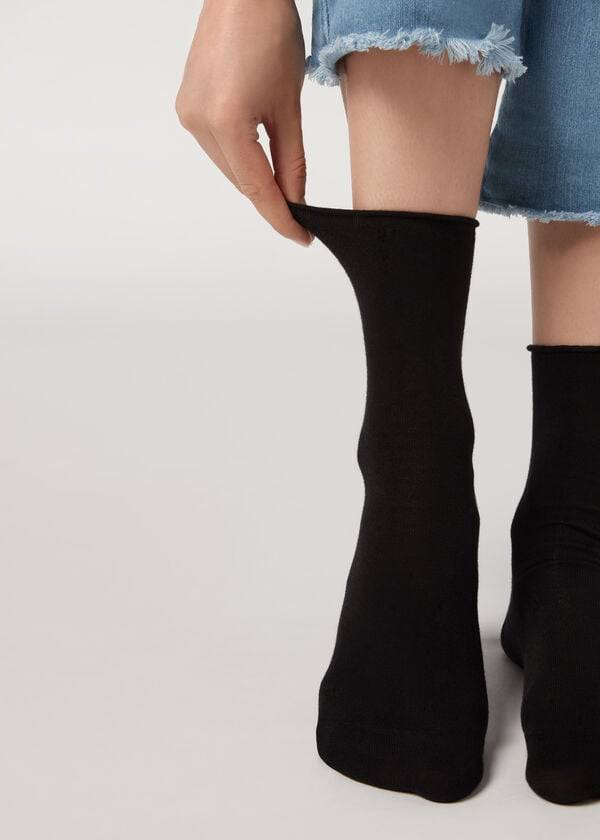 Calcetines Calzedonia Non-Elastic Algodon Ankle Corta Mujer Negras | CL2457NB
