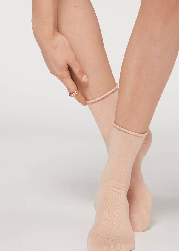 Calcetines Calzedonia Non-Elastic Algodon Ankle Corta Mujer Beige | CL2460CE