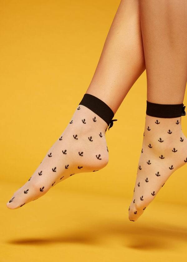 Calcetines Calzedonia Sheer 15 Denier Corta Patterned with Bow Mujer Beige Negras | CL2488ZG