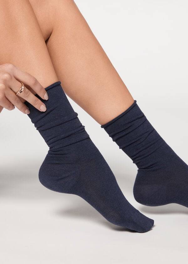 Calcetines Calzedonia Smooth Algodon Mid-Calf Long Mujer Azul Marino | CL2261WY