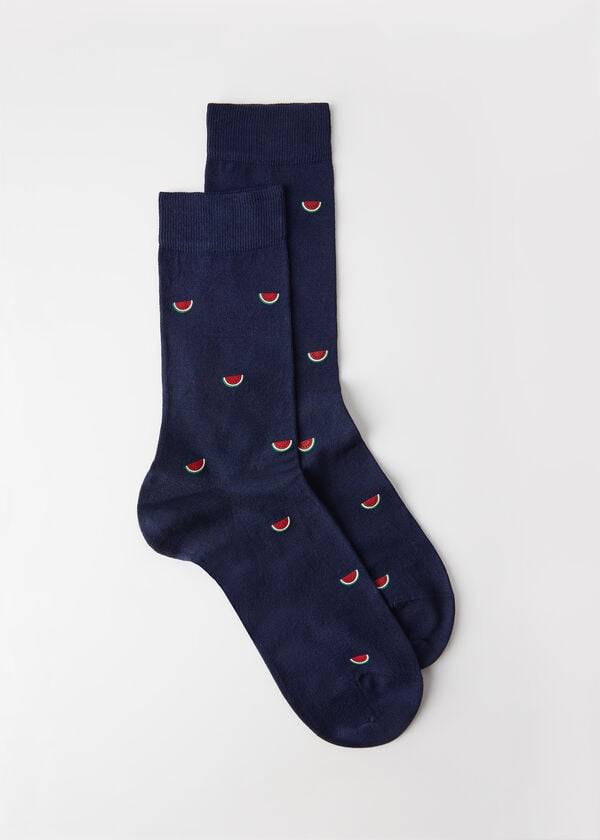 Calcetines Calzedonia Summer Print Crew Hombre Azules Azul Marino | CL2875XF