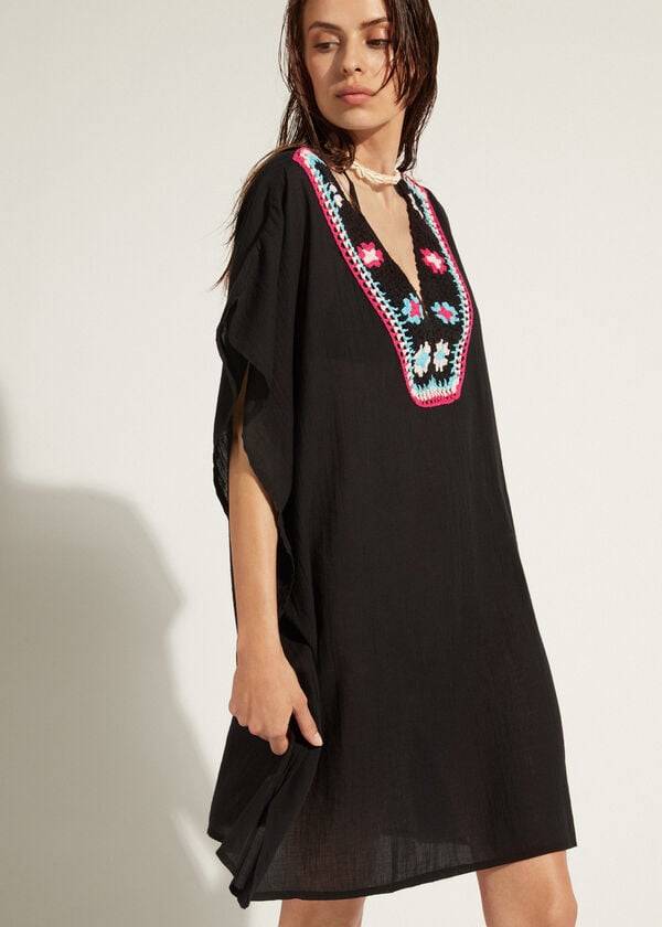 Cubrirlos Calzedonia Crochet Neckline Kaftan Mujer Negras | CL2074VD