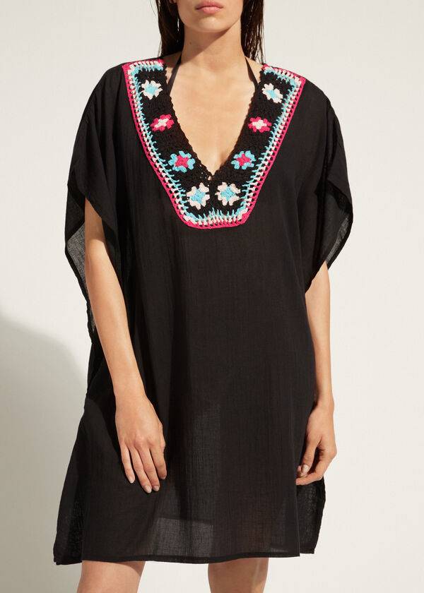 Cubrirlos Calzedonia Crochet Neckline Kaftan Mujer Negras | CL2074VD