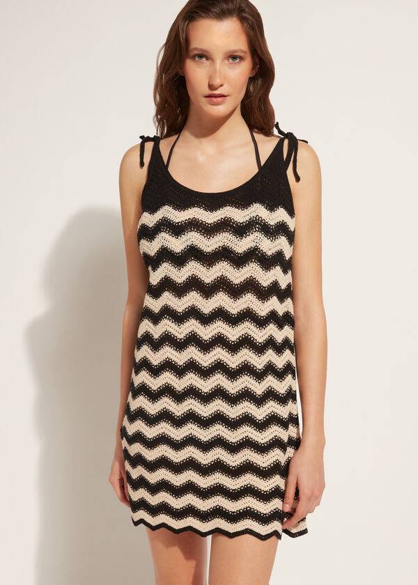 Cubrirlos Calzedonia Crochet Vestido with Chevron Motif Mujer Negras Beige | CL2073CE