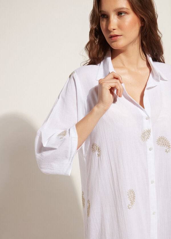 Cubrirlos Calzedonia Embroidered Paisley Lamé Midi Shirt Mujer Blancas | CL2079WY