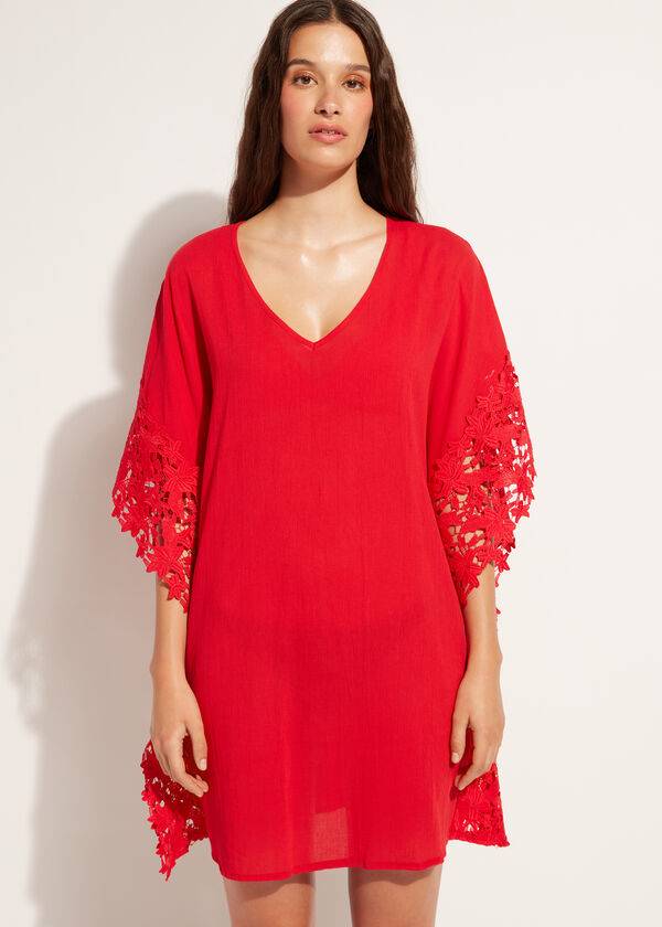 Cubrirlos Calzedonia Floral Macramé Encaje Caftan Mujer Rojas | CL2080EX