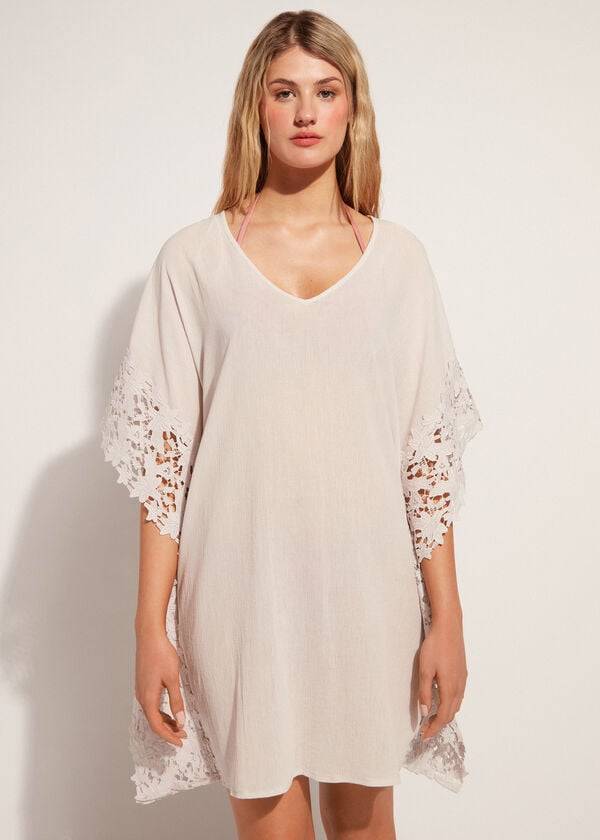 Cubrirlos Calzedonia Floral Macramé Encaje Caftan Mujer Beige | CL2081RW