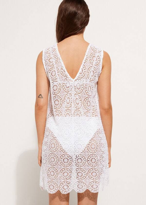 Cubrirlos Calzedonia Geometric Crochet Vestido Mujer Blancas | CL2083YU