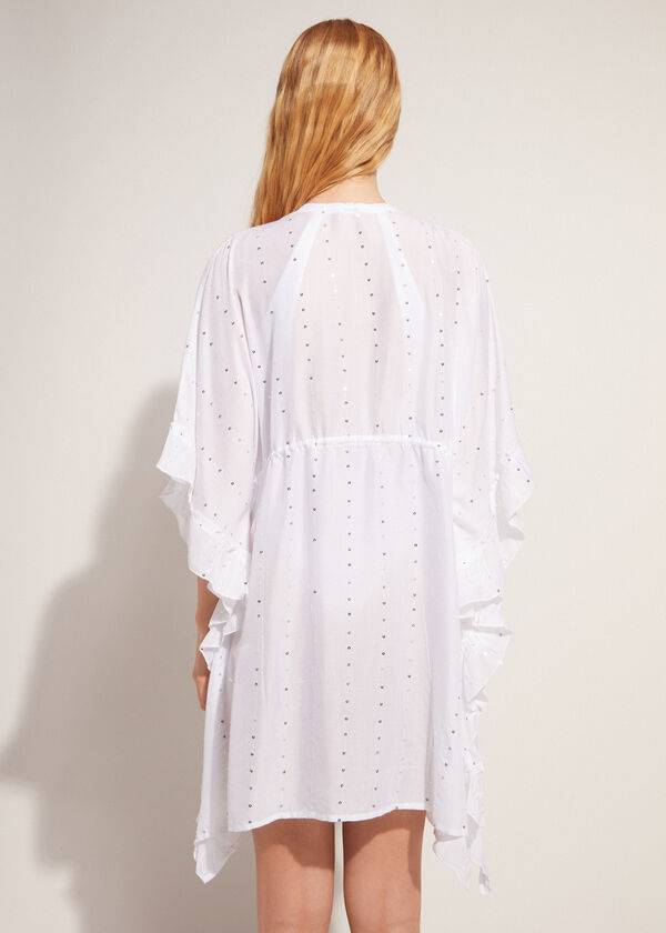 Cubrirlos Calzedonia Kimono Caftan with Sangallo Encaje and Sequins Mujer Blancas | CL2085IS